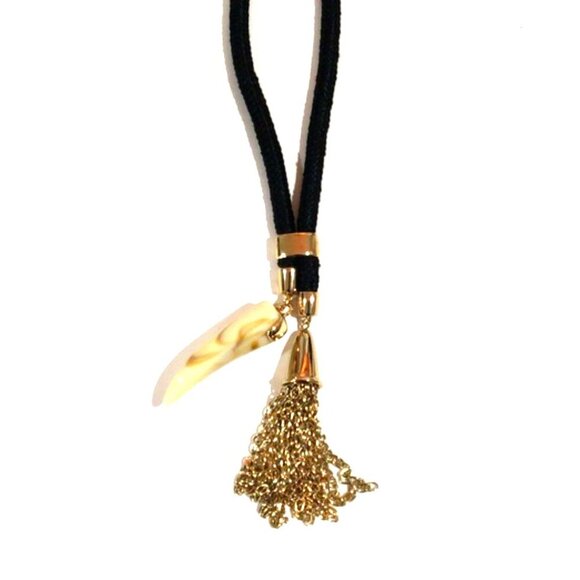 Edgy Gold Black Cord Necklace – Tassel & Faux Tooth Pendant Statement Jewelry - Picture 3 of 9